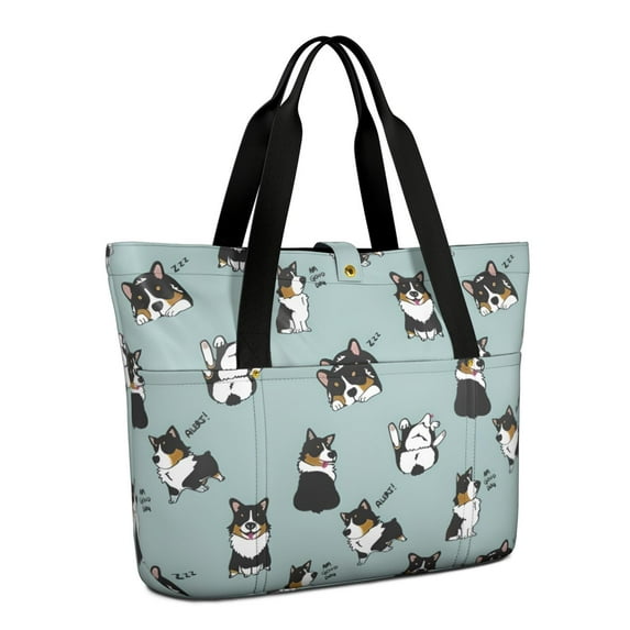 Tote Bag for Women - Black Corgi Shoulder Bag - Large Utility Work Duffle Bag with Zipper Handbag for Travel, Work, Sprots