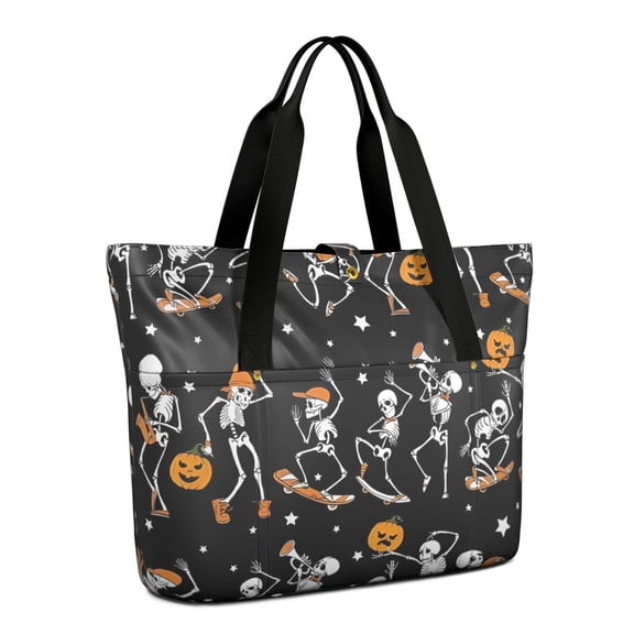 Tote Bag for Women - Black Halloween Dancing Skeletons Shoulder Bag - Large Utility Work Duffle Bag with Zipper Handbag for Travel, Work, Sprots