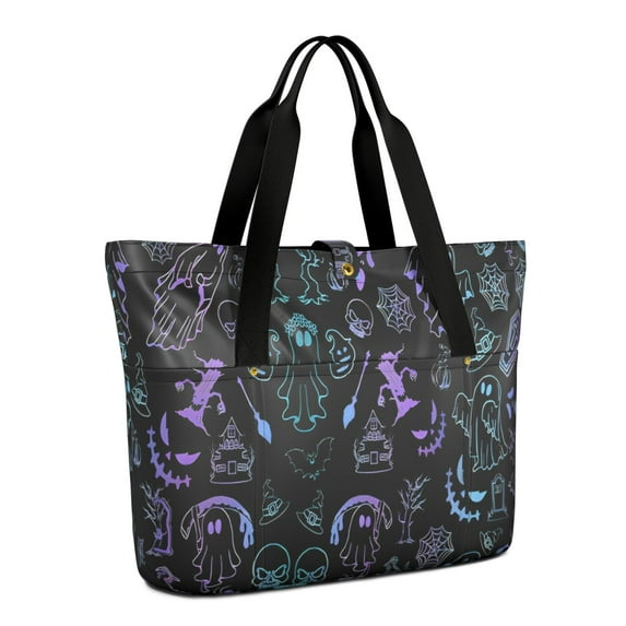 Tote Bag for Women - Black Halloween Ghost Spider Pattern Shoulder Bag - Large Utility Work Duffle Bag with Zipper Handbag for Travel, Work, Sprots