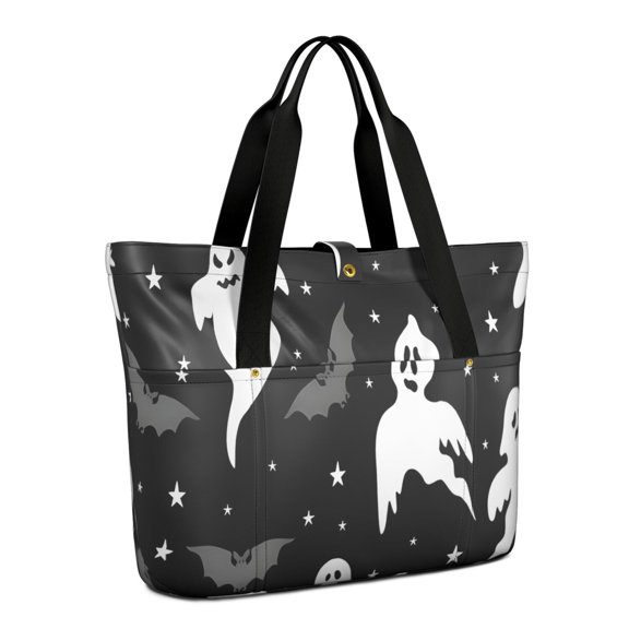 Tote Bag for Women - Black Halloween Ghosts Bats and Stars Shoulder Bag - Large Utility Work Duffle Bag with Zipper Handbag for Travel, Work, Sprots