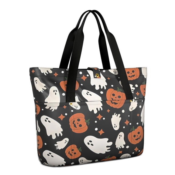 Tote Bag for Women - Black Halloween Ghosts and Pumpkins Shoulder Bag - Large Utility Work Duffle Bag with Zipper Handbag for Travel, Work, Sprots