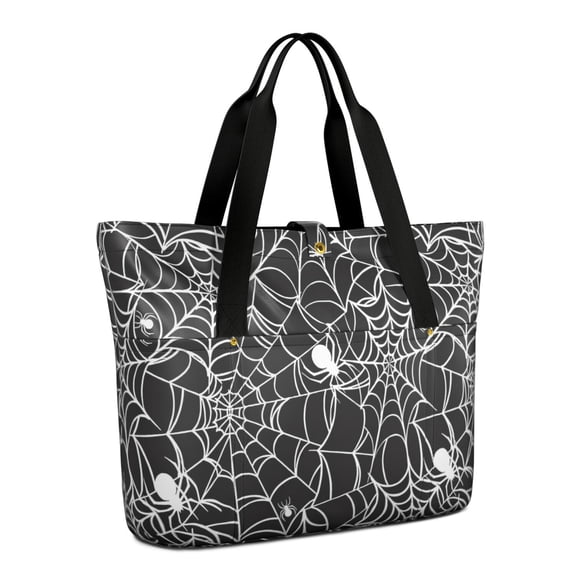 Tote Bag for Women - Black Halloween Spider Webs Shoulder Bag - Large Utility Work Duffle Bag with Zipper Handbag for Travel, Work, Sprots