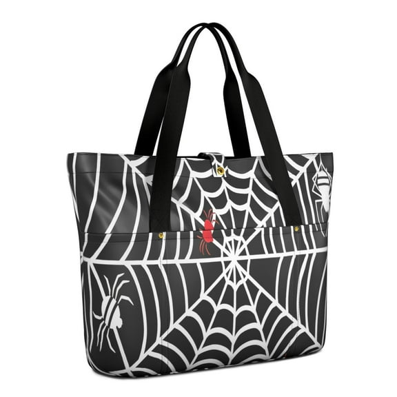 Tote Bag for Women - Black Halloween Spider Webs Shoulder Bag - Large Utility Work Duffle Bag with Zipper Handbag for Travel, Work, Sprots
