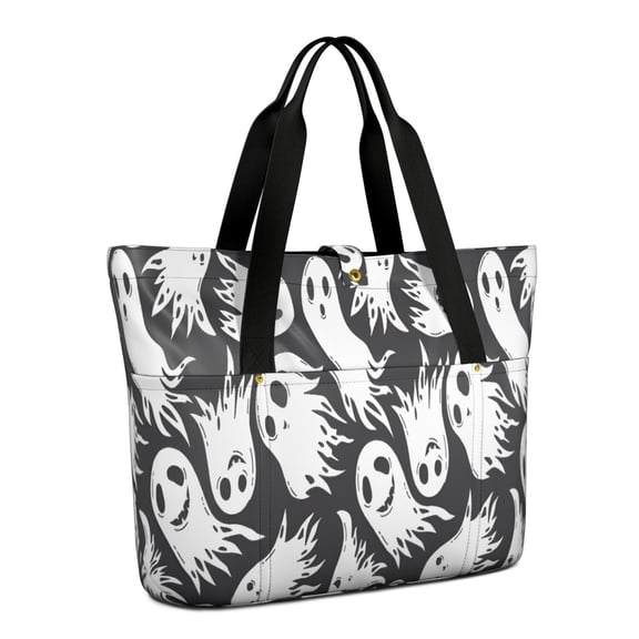 Tote Bag for Women - Black Halloween White Ghosts Shoulder Bag - Large Utility Work Duffle Bag with Zipper Handbag for Travel, Work, Sprots