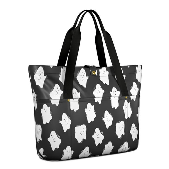 Tote Bag for Women - Black Halloween White Ghosts Shoulder Bag - Large Utility Work Duffle Bag with Zipper Handbag for Travel, Work, Sprots