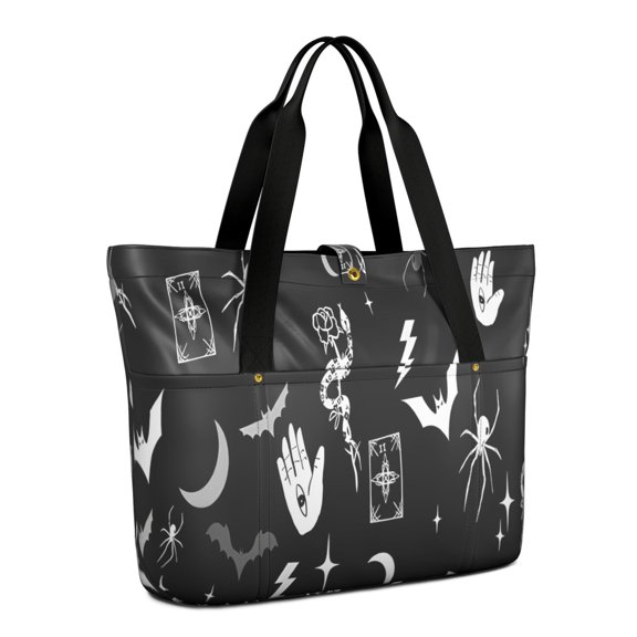 Tote Bag for Women - Black Halloween Witchy Symbols Shoulder Bag - Large Utility Work Duffle Bag with Zipper Handbag for Travel, Work, Sprots