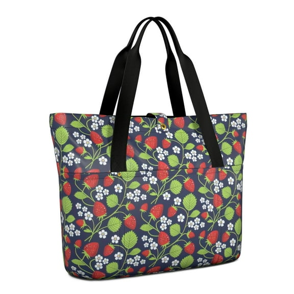 Tote Bag for Women - Black Strawberry Plants Fruit Shoulder Bag - Large Utility Work Duffle Bag with Zipper Handbag for Travel, Work, Sprots