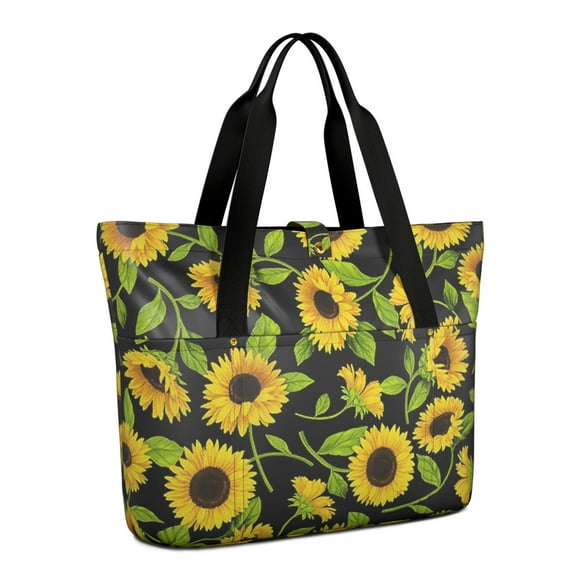 Tote Bag for Women - Black Sunflower Shoulder Bag - Large Utility Work Duffle Bag with Zipper Handbag for Travel, Work, Sprots