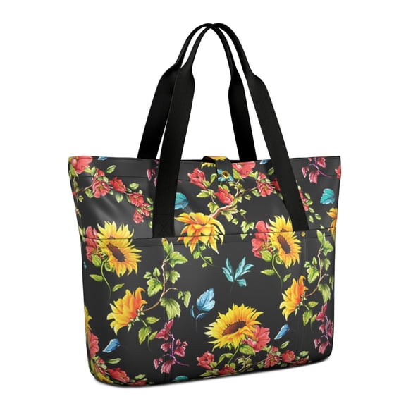 Tote Bag for Women - Black Sunflower Shoulder Bag - Large Utility Work Duffle Bag with Zipper Handbag for Travel, Work, Sprots