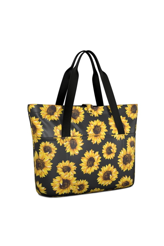Tote Bag for Women - Black Sunflower Shoulder Bag - Large Utility Work Duffle Bag with Zipper Handbag for Travel, Work, Sprots