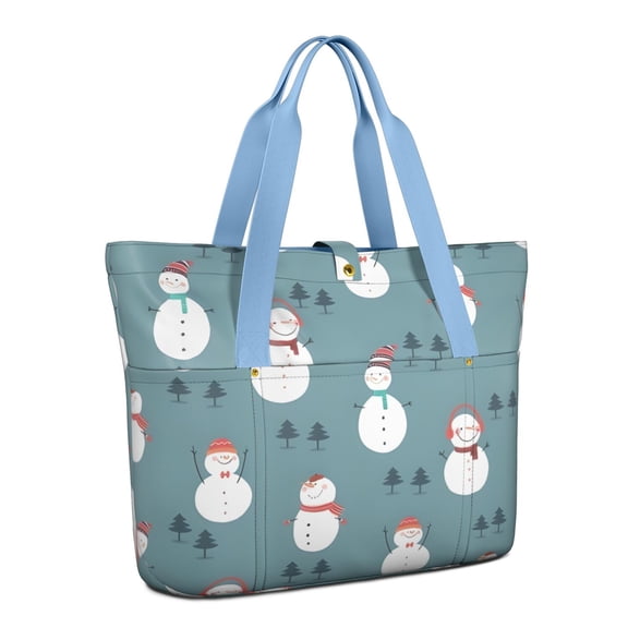 Tote Bag for Women - Blue Christmas Snowman Pattern Shoulder Bag - Large Utility Work Duffle Bag with Zipper Handbag for Travel, Work, Sprots
