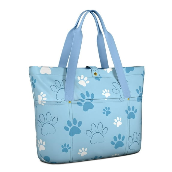 Tote Bag for Women - Blue Dog Paw Footprint Shoulder Bag - Large Utility Work Duffle Bag with Zipper Handbag for Travel, Work, Sprots