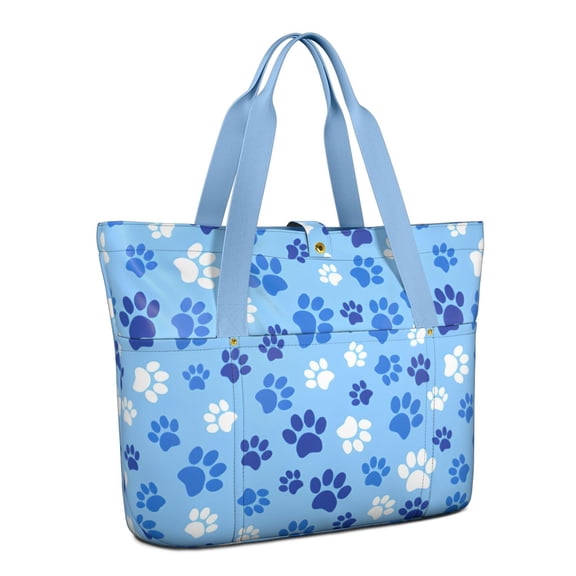 Tote Bag for Women - Blue Dog Paw Footprint Shoulder Bag - Large Utility Work Duffle Bag with Zipper Handbag for Travel, Work, Sprots