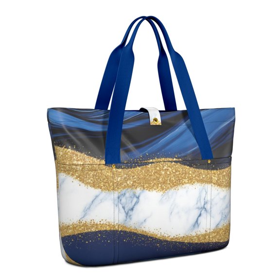 Tote Bag for Women - Blue Gold Marble Shoulder Bag - Large Utility Work Duffle Bag with Zipper Handbag for Travel, Work, Sprots