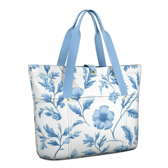 Tote Bag for Women - Blue Pioneer Flower Shoulder Bag - Large Utility Work Duffle Bag with Zipper Handbag for Travel, Work, Sprots