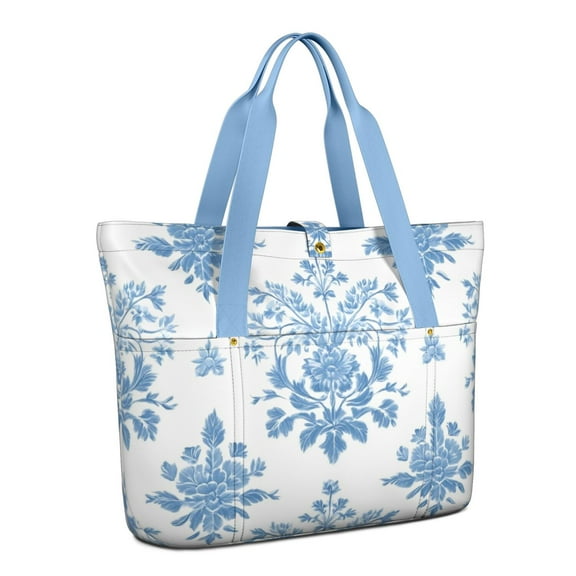 Tote Bag for Women - Blue Pioneer Flower Shoulder Bag - Large Utility Work Duffle Bag with Zipper Handbag for Travel, Work, Sprots