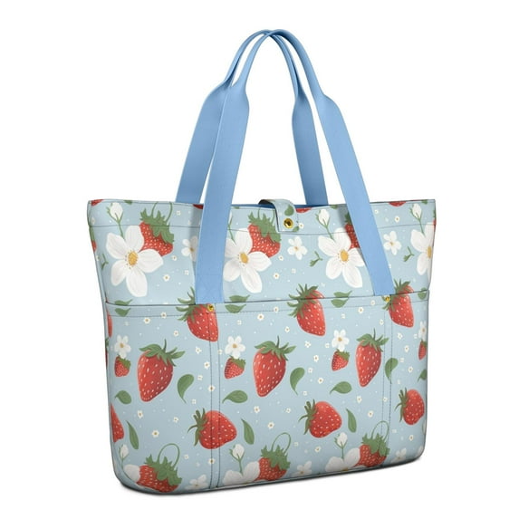 Tote Bag for Women - Blue Strawberry Plants Fruit Shoulder Bag - Large Utility Work Duffle Bag with Zipper Handbag for Travel, Work, Sprots
