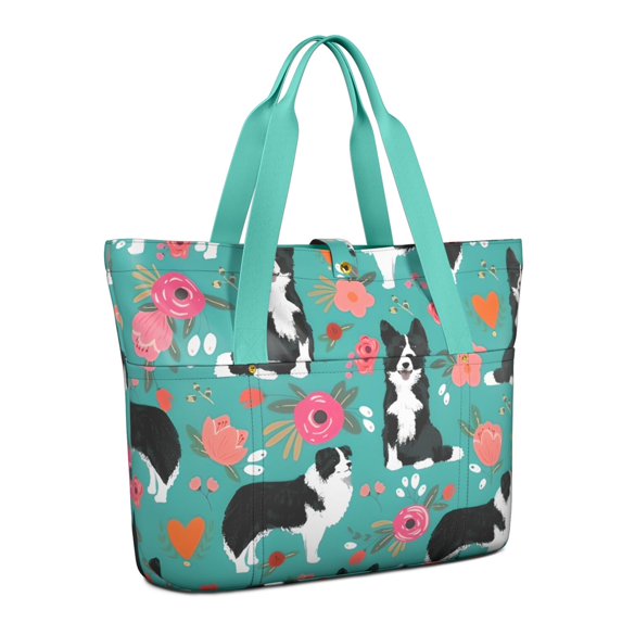 Tote Bag for Women - Border Collie Dog and Flower Florals Shoulder Bag - Large Utility Work Duffle Bag with Zipper Handbag for Travel, Work, Sprots