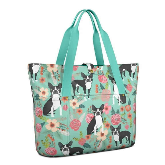 Tote Bag for Women - Boston Terrier Floral Flowers Shoulder Bag - Large Utility Work Duffle Bag with Zipper Handbag for Travel, Work, Sprots