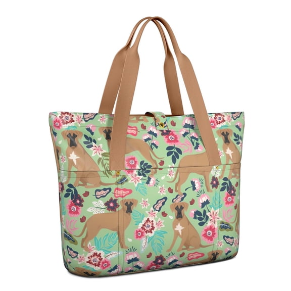 Tote Bag for Women - Boxer Dog and Flower Florals Shoulder Bag - Large Utility Work Duffle Bag with Zipper Handbag for Travel, Work, Sprots