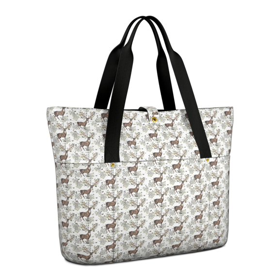 Tote Bag for Women - Brown Christmas Deer Pattern Shoulder Bag - Large Utility Work Duffle Bag with Zipper Handbag for Travel, Work, Sprots