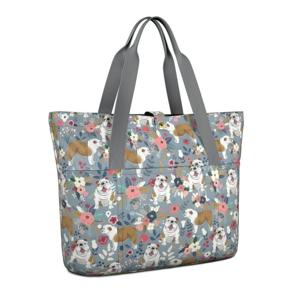 Tote Bag for Women - Bulldog Dog and Flower Florals Shoulder Bag - Large Utility Work Duffle Bag with Zipper Handbag for Travel, Work, Sprots