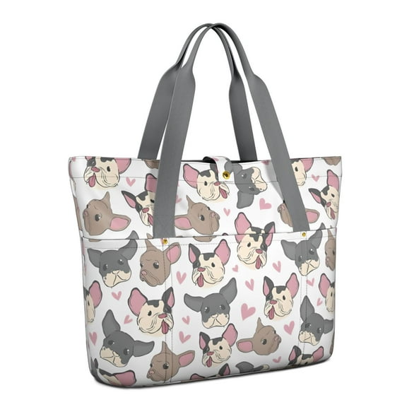 Tote Bag for Women - Bulldog Dog and Love Heart Shoulder Bag - Large Utility Work Duffle Bag with Zipper Handbag for Travel, Work, Sprots