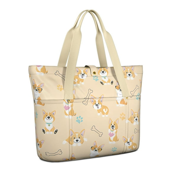 Tote Bag for Women - Cartoon Corgi Shoulder Bag - Large Utility Work Duffle Bag with Zipper Handbag for Travel, Work, Sprots