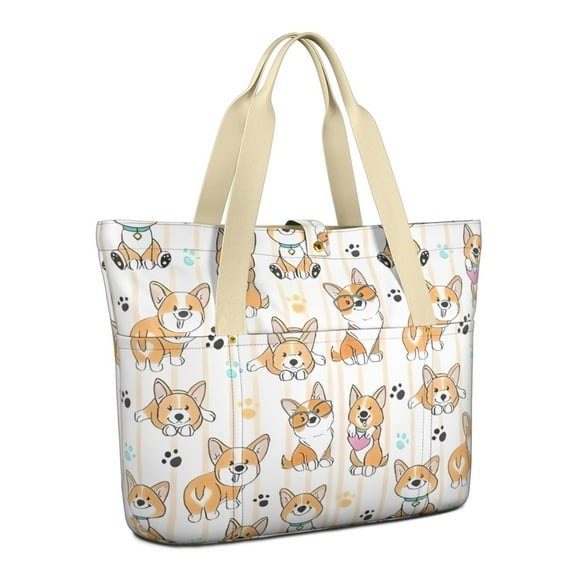 Tote Bag for Women - Cartoon Corgi Shoulder Bag - Large Utility Work Duffle Bag with Zipper Handbag for Travel, Work, Sprots