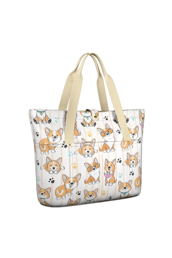 Tote Bag for Women - Cartoon Corgi Shoulder Bag - Large Utility Work Duffle Bag with Zipper Handbag for Travel, Work, Sprots