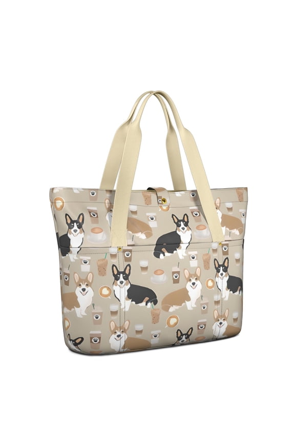 Tote Bag for Women - Cartoon Corgi and Coffee Shoulder Bag - Large Utility Work Duffle Bag with Zipper Handbag for Travel, Work, Sprots