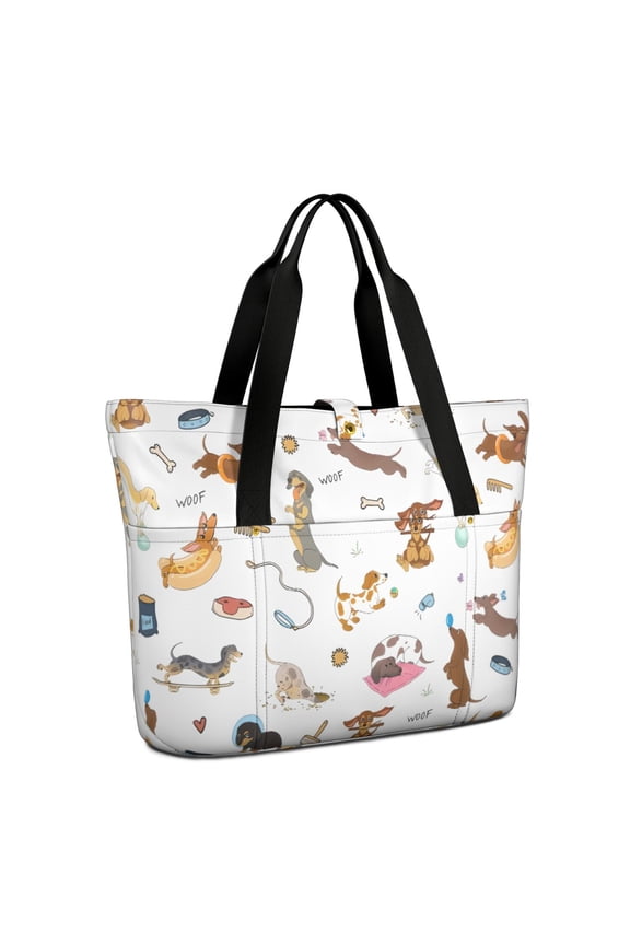 Tote Bag for Women - Cartoon Dachshund Shoulder Bag - Large Utility Work Duffle Bag with Zipper Handbag for Travel, Work, Sprots