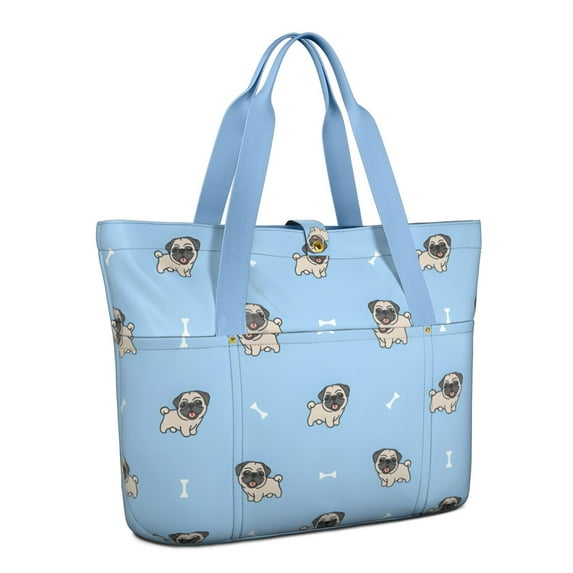 Tote Bag for Women - Cartoon Pug Dog Shoulder Bag - Large Utility Work Duffle Bag with Zipper Handbag for Travel, Work, Sprots