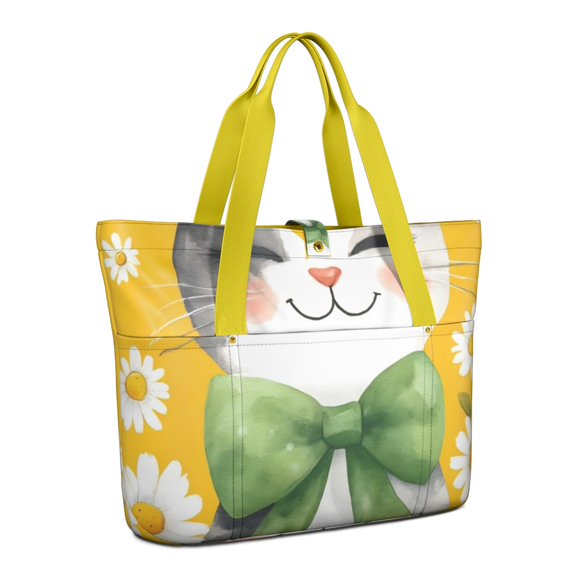 Tote Bag for Women - Cat with Bow Tie and Daisies Shoulder Bag - Large Utility Work Duffle Bag with Zipper Handbag for Travel, Work, Sprots