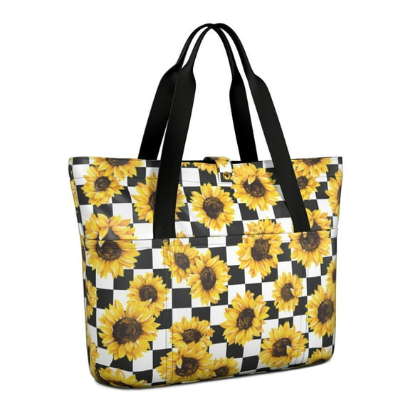 Tote Bag for Women - Checke Sunflower Shoulder Bag - Large Utility Work Duffle Bag with Zipper Handbag for Travel, Work, Sprots