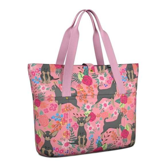 Tote Bag for Women - Chihuahua and Flower Florals Shoulder Bag - Large Utility Work Duffle Bag with Zipper Handbag for Travel, Work, Sprots