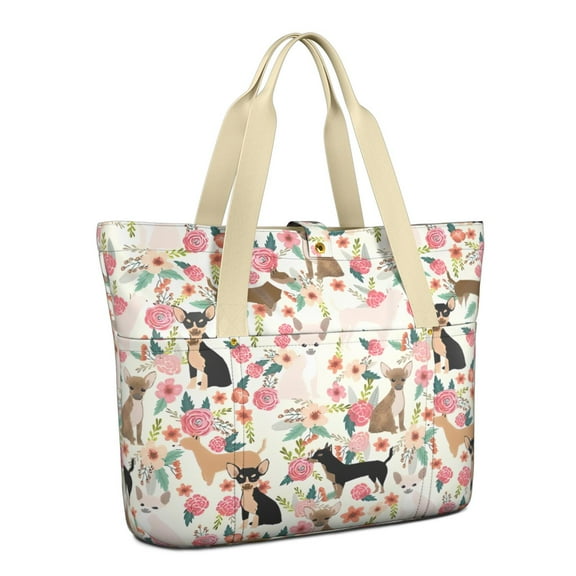 Tote Bag for Women - Chihuahua and Flower Shoulder Bag - Large Utility Work Duffle Bag with Zipper Handbag for Travel, Work, Sprots