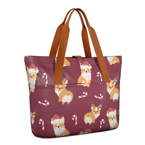 Tote Bag for Women - Christmas Corgi Shoulder Bag - Large Utility Work Duffle Bag with Zipper Handbag for Travel, Work, Sprots