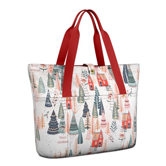 Tote Bag for Women - Christmas Tree and House Pattern Shoulder Bag - Large Utility Work Duffle Bag with Zipper Handbag for Travel, Work, Sprots