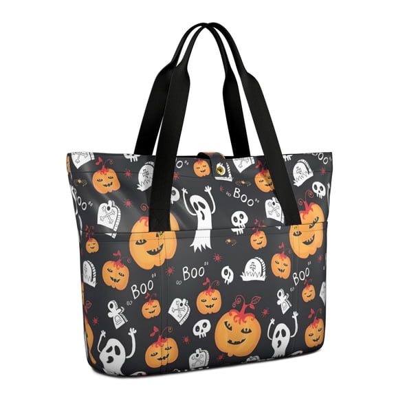 Tote Bag for Women - Classic Halloween Icons Pattern Shoulder Bag - Large Utility Work Duffle Bag with Zipper Handbag for Travel, Work, Sprots