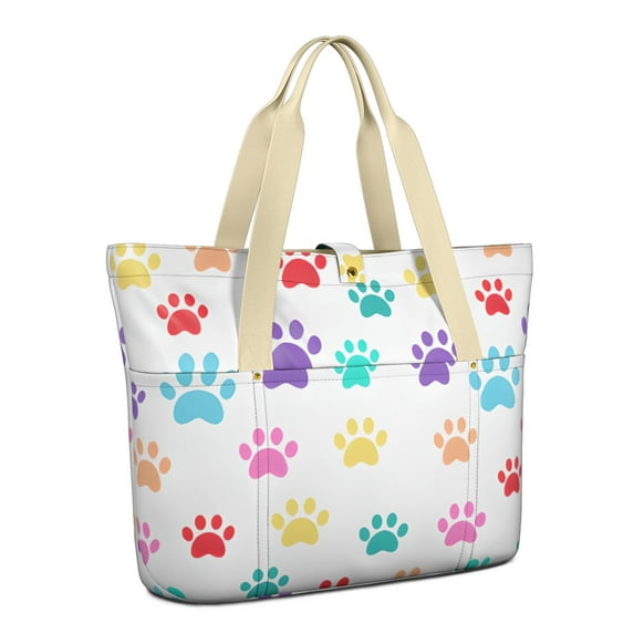 Tote Bag for Women - Colorful Dog Paw Footprint Shoulder Bag - Large Utility Work Duffle Bag with Zipper Handbag for Travel, Work, Sprots