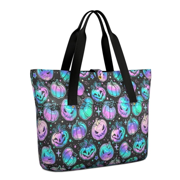 Tote Bag for Women - Colorful Halloween Pumpkins Pattern Shoulder Bag - Large Utility Work Duffle Bag with Zipper Handbag for Travel, Work, Sprots