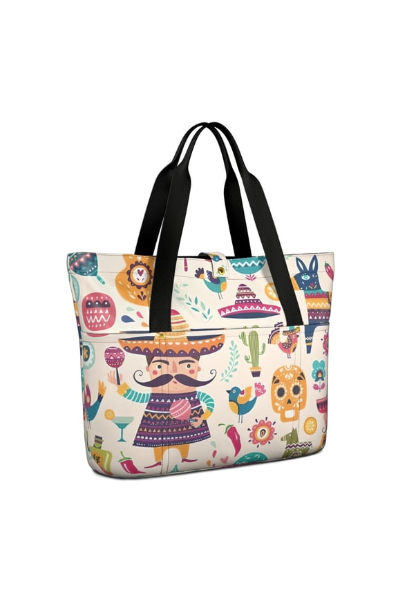 Tote Bag for Women - Colorful Mexican Elements Shoulder Bag - Large Utility Work Duffle Bag with Zipper Handbag for Travel, Work, Sprots
