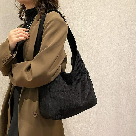 Tote Bag for Women, Corduroy Multiple Pockets Lightweight Travel Shoulder Bag, Black