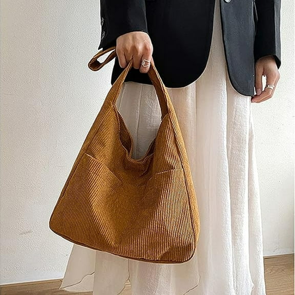 Tote Bag for Women, Corduroy Multiple Pockets Lightweight Travel Shoulder Bag, Brown