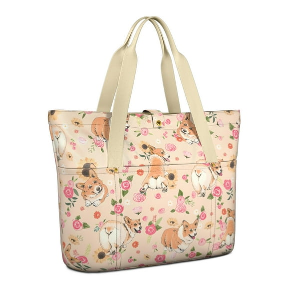 Tote Bag for Women - Corgi Dog and Flower Florals Shoulder Bag - Large Utility Work Duffle Bag with Zipper Handbag for Travel, Work, Sprots
