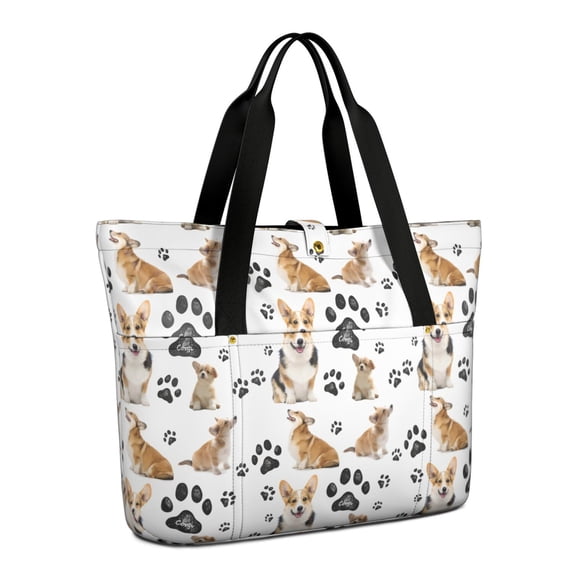 Tote Bag for Women - Corgi Dog and Footprints Shoulder Bag - Large Utility Work Duffle Bag with Zipper Handbag for Travel, Work, Sprots