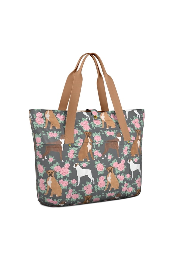 Tote Bag for Women - Cute Boxer Dog and Flowers Florals Shoulder Bag - Large Utility Work Duffle Bag with Zipper Handbag for Travel, Work, Sprots