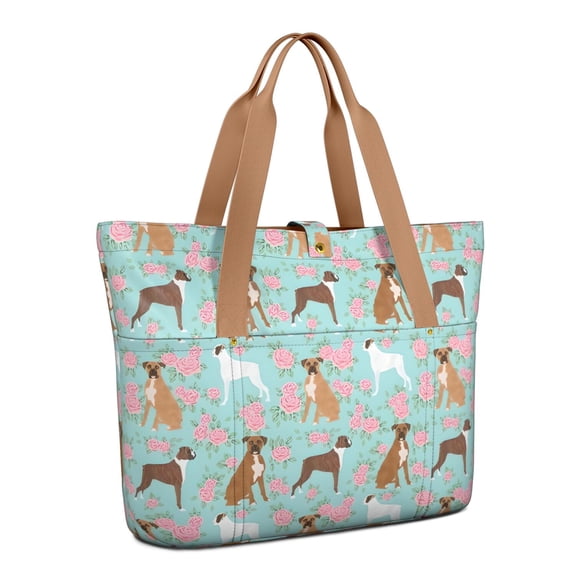 Tote Bag for Women - Cute Boxer Dog and Flowers Florals Shoulder Bag - Large Utility Work Duffle Bag with Zipper Handbag for Travel, Work, Sprots