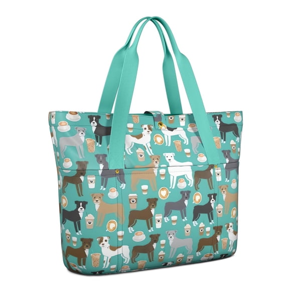 Tote Bag for Women - Cute Pitbull Terriers Dog and Coffee Shoulder Bag - Large Utility Work Duffle Bag with Zipper Handbag for Travel, Work, Sprots